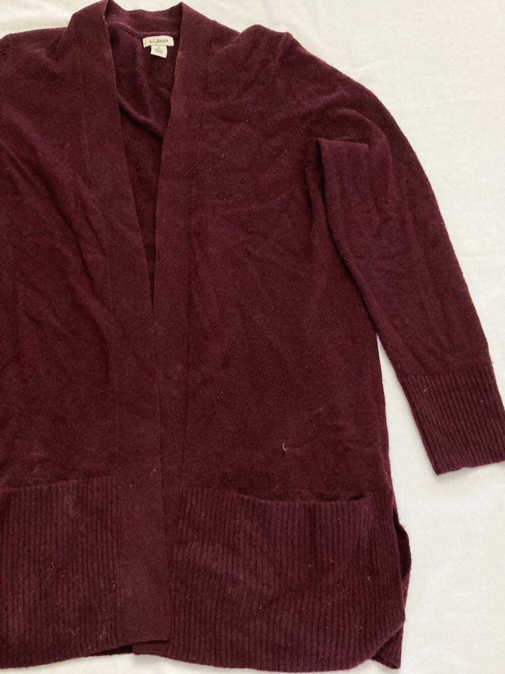 LL Bean Cashmere Cardigan Sweater Womens S Petite Maroon Open Long Pocket Luxury